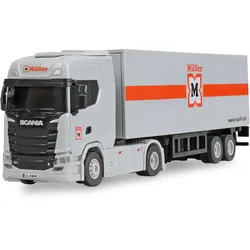 Amewi Mini-Scania 730 S mit Kofferauflieger im Maßstab 1:64 im Müller-Design