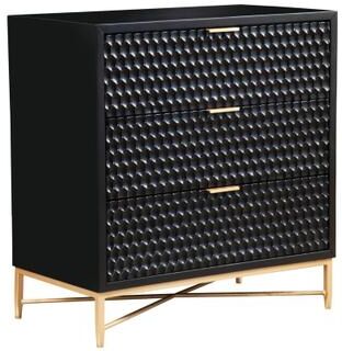 Benjara Rexi 34 Inch 3 Drawer Small Dresser Chest, Honeycomb Panels, Black, Gold