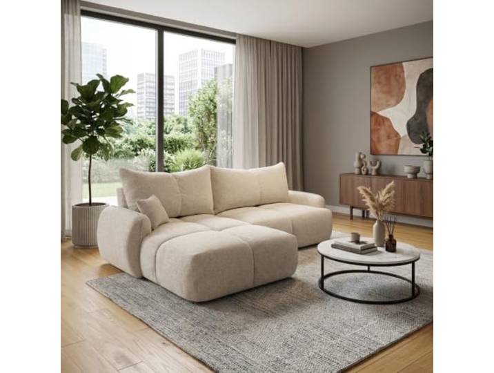 Mebligo LOBINO L-förmiges Ecksofa aus Chenille mit Schlaffunktion, Bettkasten und DL-Automat, modernes Schlafsofa fürs Wohnzimmer, Beige, Links