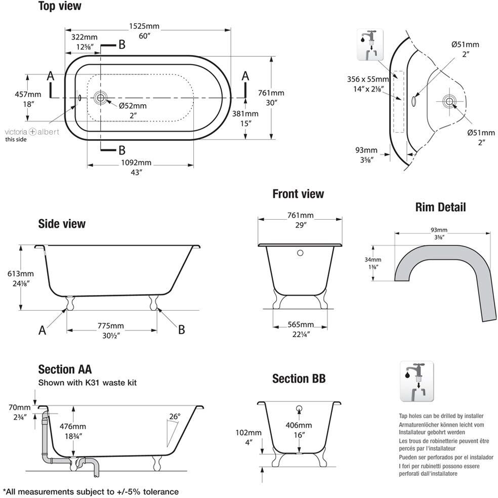 Victoria & Albert Wessex freistehende Badewanne
