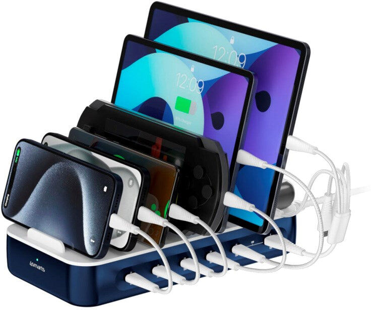 4smarts Ladestation m. 9 Opladningsmuligheder - 5x USB-C Kabel & 1x 4-i-1 Multikabel - 100W - Blå