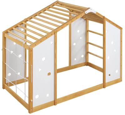 Costway Twin Size Climbing Bed 2-in-1 Montessori Floor Bed with Monkey Bars-Natural and White