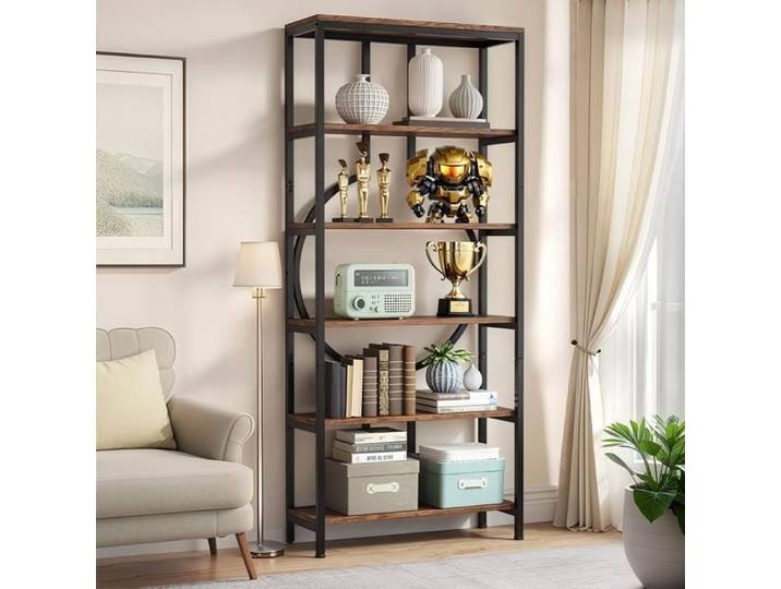 TOPESCT Bibliothèque Industrielle - Bibliothèque 180cm - 6 étagères 5 Ouvertures - Marron foncé - Marron Rustique et Noir