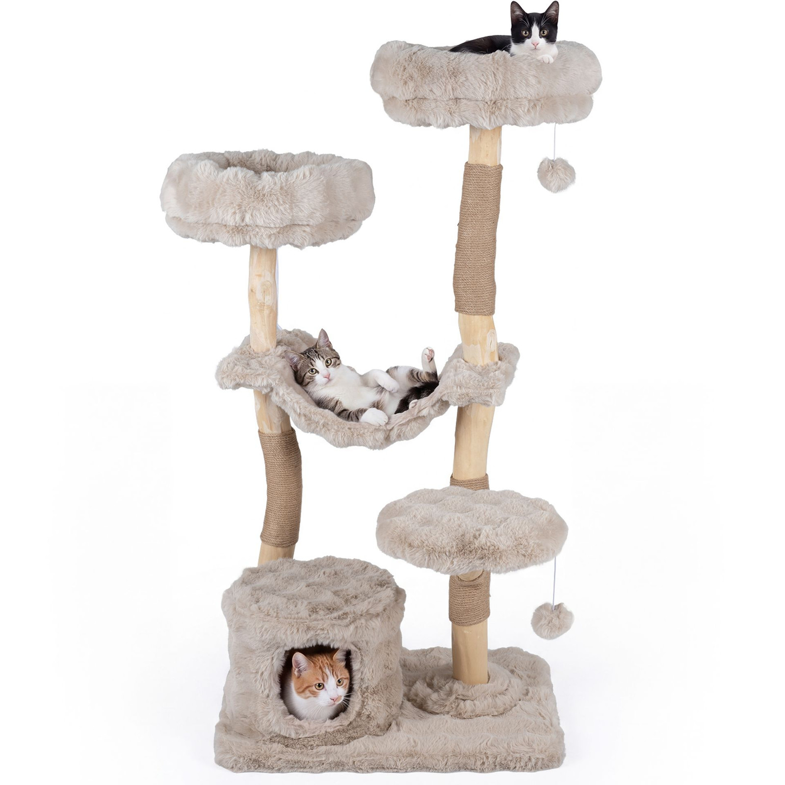 Costway Kattenkrabpaal met Grot Hangmat, Meerlaagse Kattentoren met Pluche Ballen en Krabpilaren