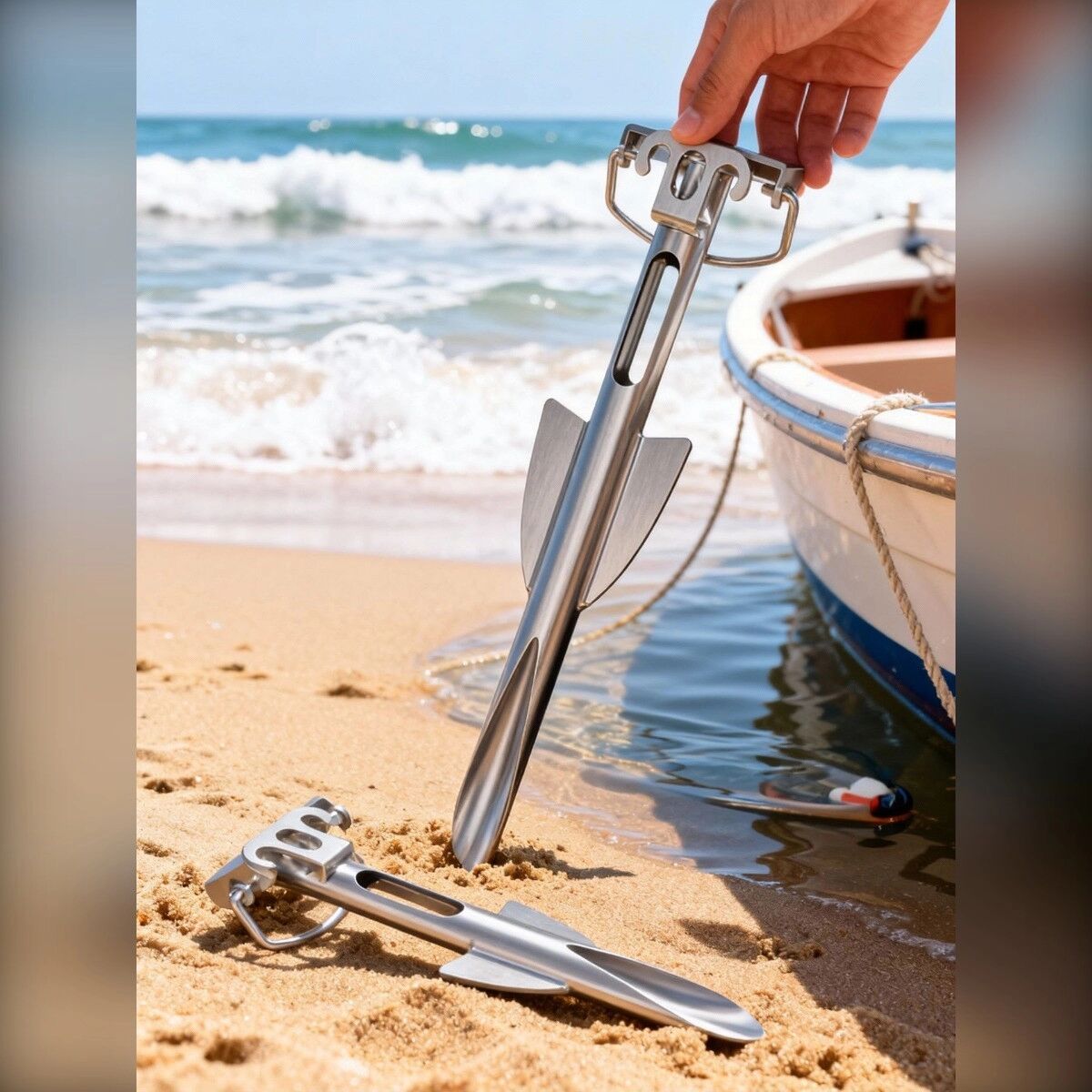 INF Ancre de plage en acier inoxydable avec corde en nylon pour bateaux, kayaks et sols sablonneux