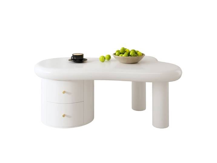 Table basse design blanc 2 tiroirs forme originale gain de place et robustesse pour salon et diverses utilisations