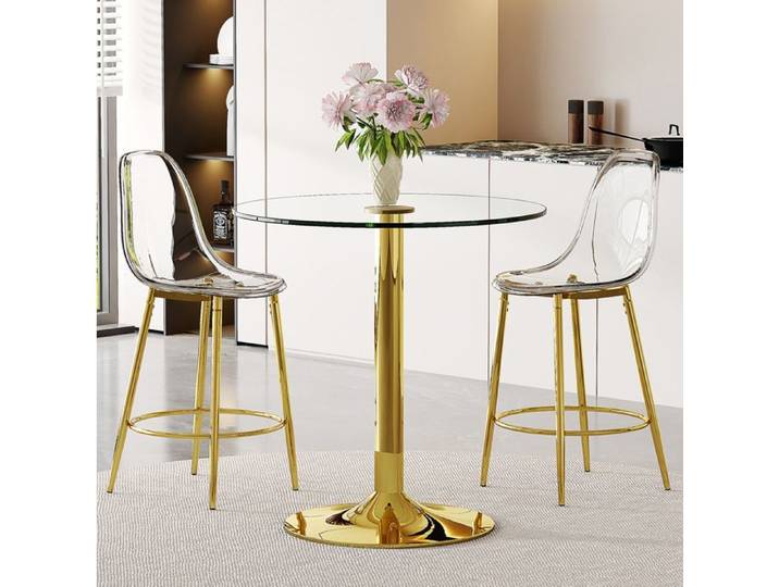 ROVRYN Ensemble bar table haute ronde 89 cm avec 2 tabourets transparents métal doré