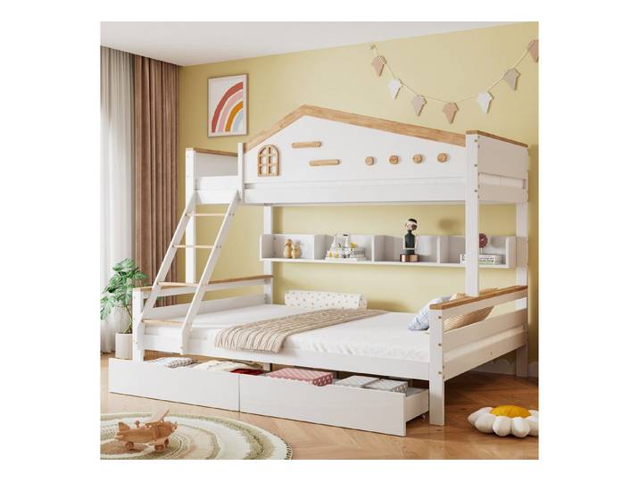 STILVORA Etagenbett mit Schubladen,90/140x200Kinderbett Bettrahmen mit Fallschutzgitter (Hochwertiges Etagenbett mit Fallschutzgitter, Stauraum & Fenster, 90x200cm & 140x200cm), ohne Matratze