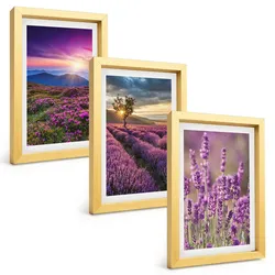 BILDER SET 3er Set - 20x30 cm Goldrahmen - Sonnenuntergang auf Lavendelfeldern