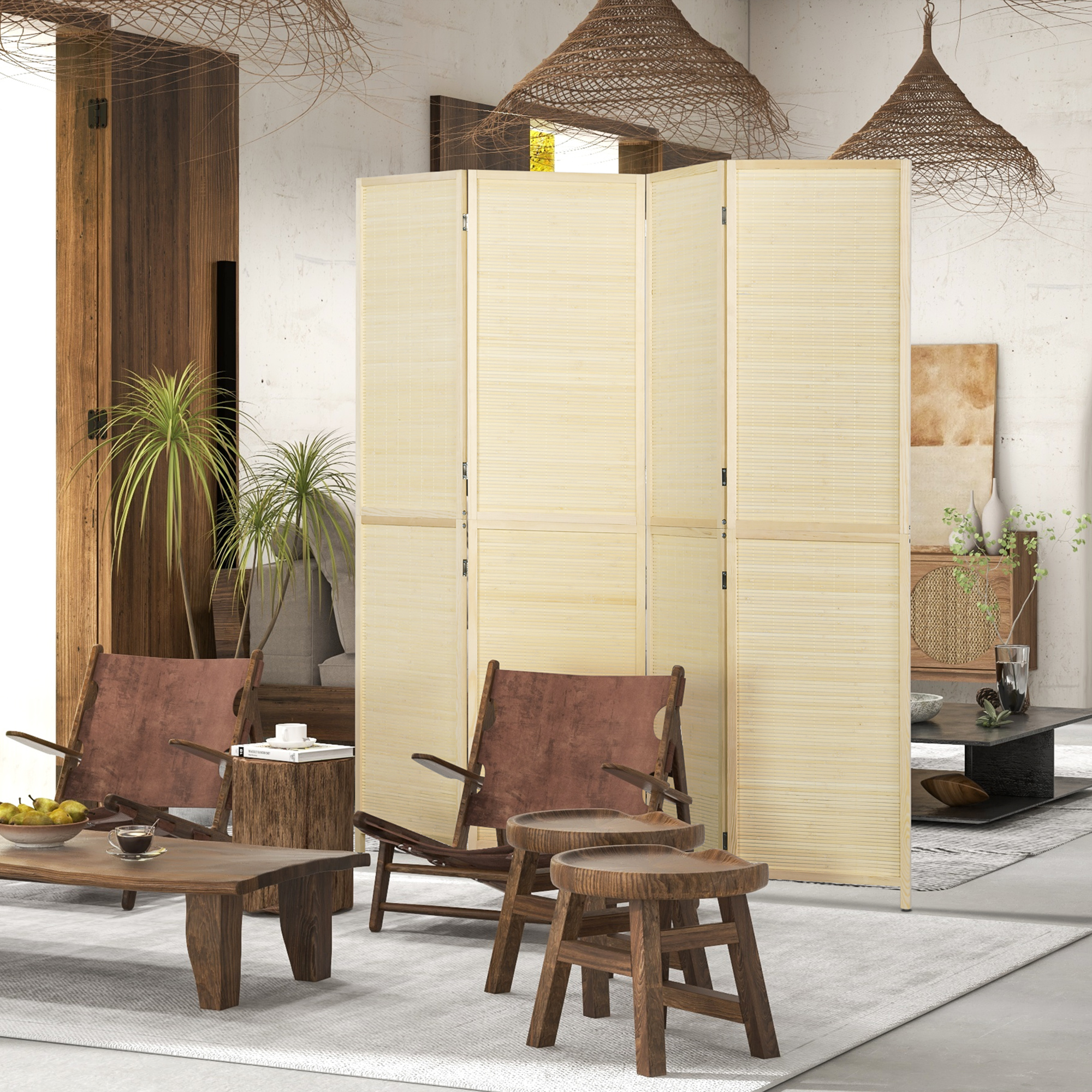 Homcom Paravento per Interno Pieghevole a 4 Ante, Divisorio in Bambù di Rattan, 180x1.6x180 cm Aosom