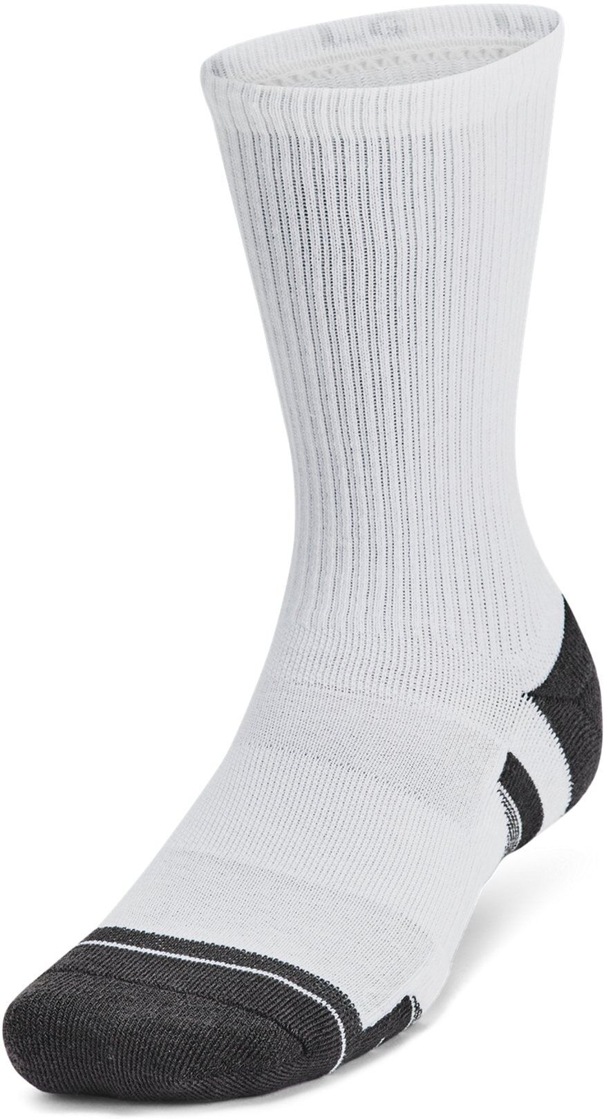 Sportsocken UNDER ARMOUR "UNISEX UA PERF TECH 6PK CREW", Damen, Gr. L, schwarz-weiss (weiß, weiß, jet gray), Obermaterial: 98% Polyester, 2% Elasthan, Socken Sportsocken, mit mittlerer Dämpfung am gesamten Fuss, schnell trocknend weiß, weiß, jet gray L