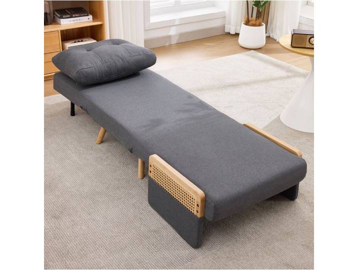 Fauteuil convertible 3-en-1 gris en tissu aspect lin dossier réglable 5 positions accoudoirs en rotin