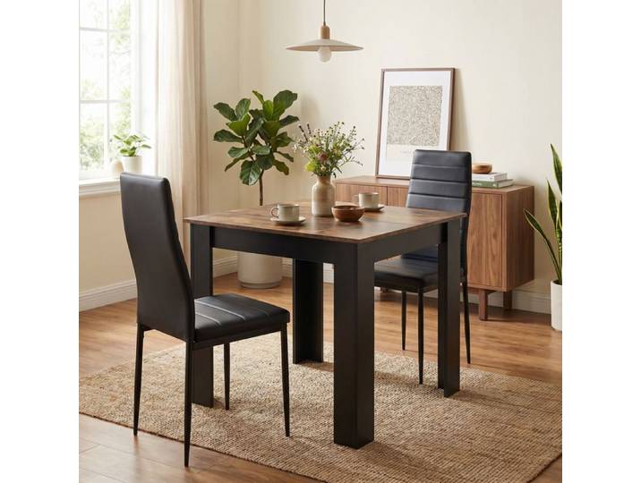 Mondeer Ensemble Table à Manger Carrée avec 2 Chaises Simili Cuir Table et Chaises pour Salle à Manger 80x80cm Marron Rustique Noir