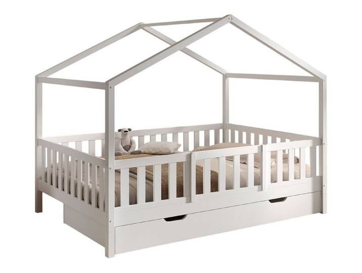 58 aufm Kessel Kinderbett Hausbett Kapua 140x200 Bettschublade Rausfallschutz Kiefer massiv weiß (inkl. Versand, Lieferung bis Verwendungsstelle), Umbaufähiges Hausbett mit Stauraum,Rausfallschutz,vielseitige Nutzung