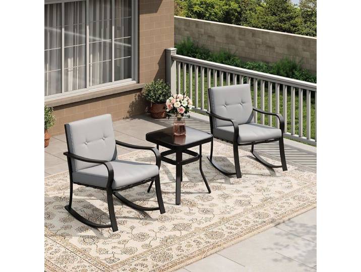 Ensemble table et chaise de jardin 3 éléments 2 Chaise longue et 1 table 2 personnes pour balcon patio ou jardin Noir + Gris