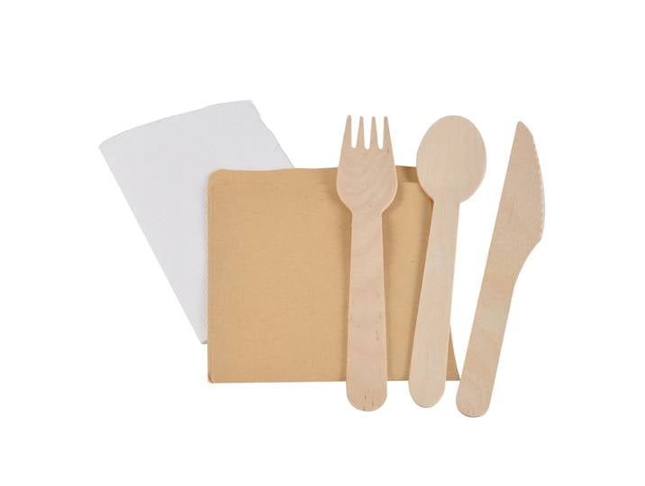 Einwegbesteck 6er-Set aus Holz, Holzbesteck mit Löffel, Gabel, Messer und Serviette
