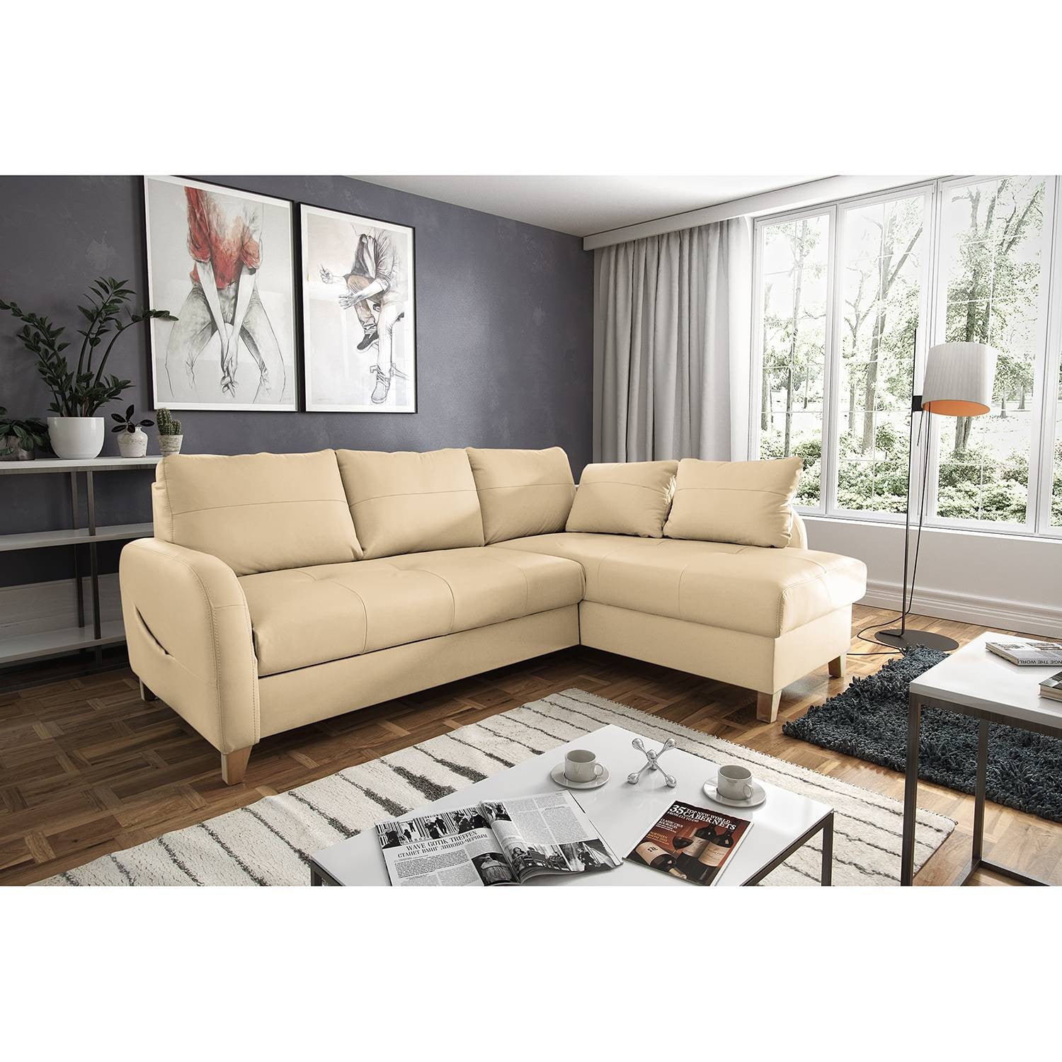 home24 Hoekbank Monserrat beige/warm beige, met echt leren zitvlak en kunstleren body, B/D/H: 227 x 82 x 170 cm, chaise longue rechts