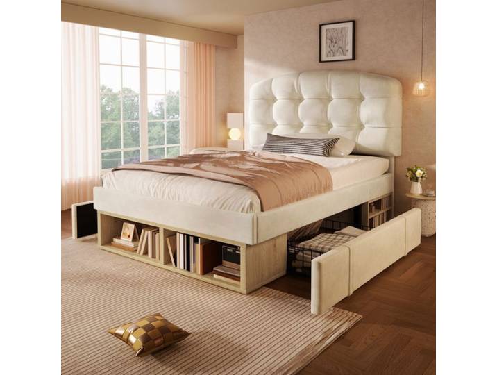 Lit simple 90x200 velours beige tête réglable