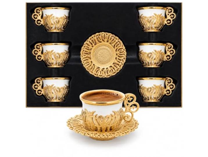 Alisveristime 12-teiliges Kaffeetassen-Set mit Untertassen aus Porzellan, türkisch, griechisch, arabisch, Goldfarbenmischung