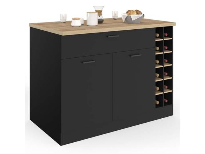 IDMarket - Insel Central George mit Flaschenregal, Schrank und Schublade, Holz, schwarz, mit Arbeitsplatte in Buche-Optik