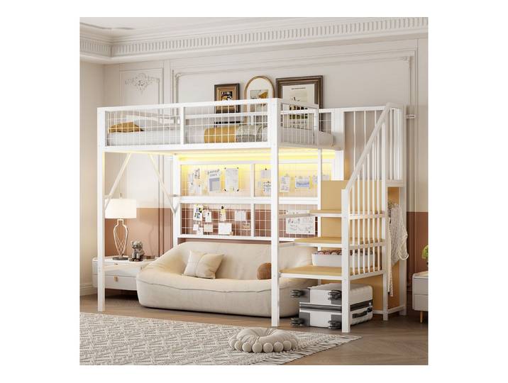 Odikalo Hochbett Kinderbett Metallbett Jugendbett Lagertreppe 90x200cm Weiß/Schwarz