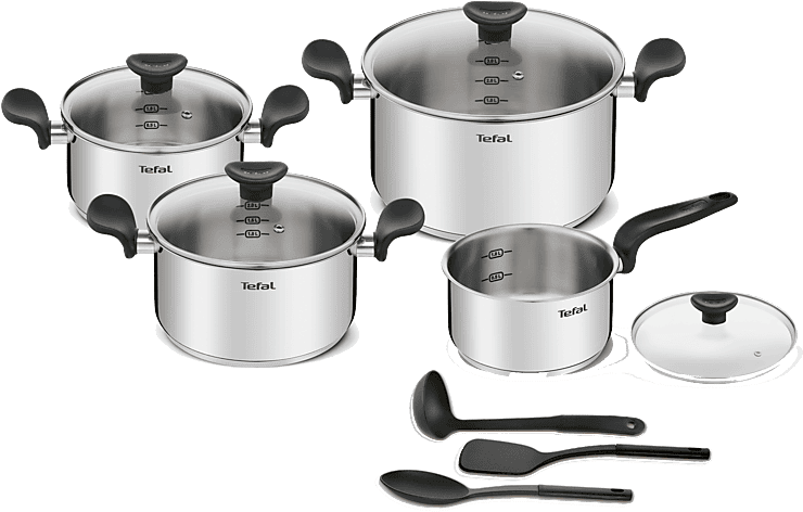 Olla - Tefal Primary set E308S, 11 piezas, Cazo 16 cm, Cacerolas 18/20/24, Tapas de cristal, Espátula, Cuchara, Cucharon, Acero inoxidable, Inducción