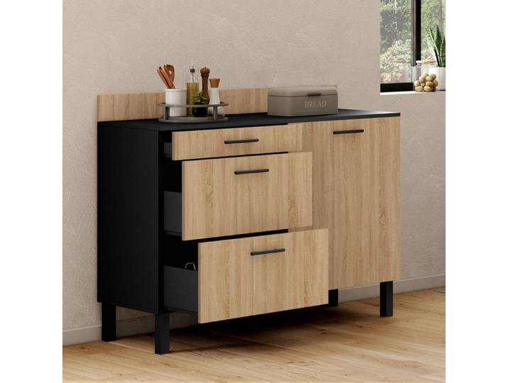 IDMARKET Buffet bas casserolier de cuisine 120 cm CINA plan de travail H.83 cm 1 porte + 3 tiroirs noir et façon hêtre