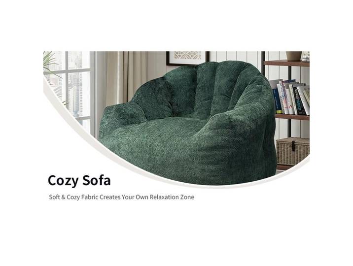 Fauteuil poire rond 1 place en flanelle verte avec accoudoirs siège ergonomique pour salon et chambre