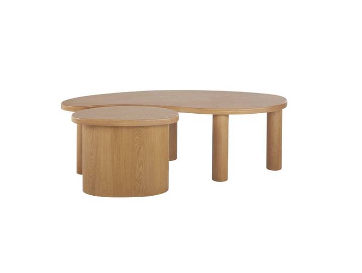 2 abgerundete Couchtische mit Untergestell aus massivem Kiefernholz, L148cm
