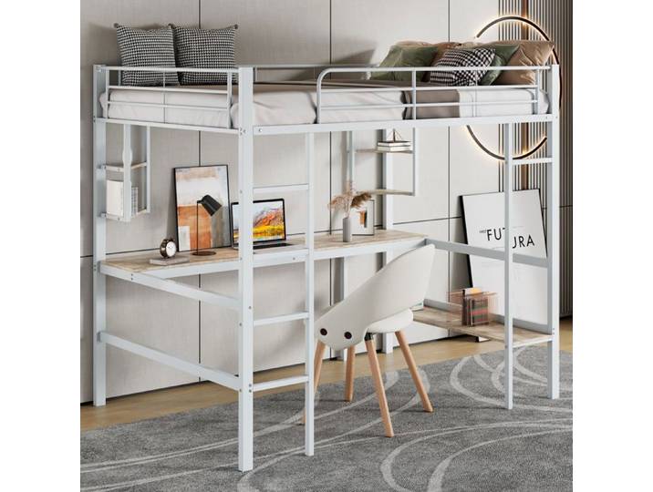 Lit mezzanine 90x200 cm avec bureau lit mezzanine ado avec 4 étagères et bibliothèque cadre de lit en fer blanc