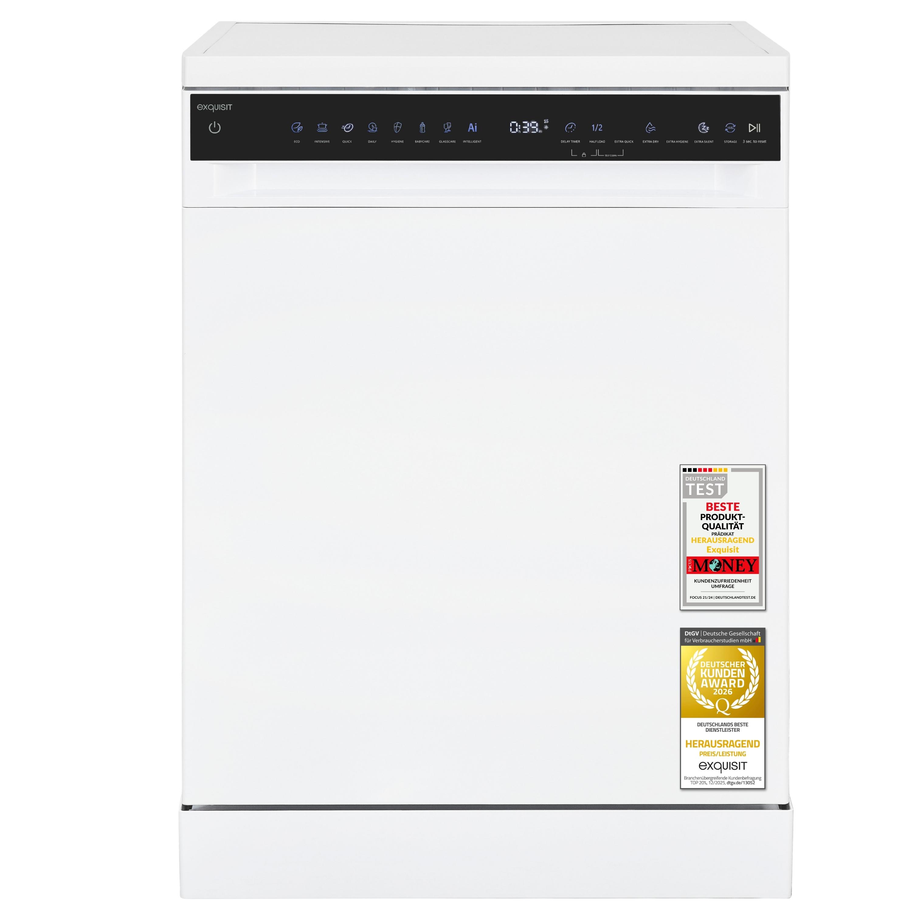 Exquisit Stand-/Unterbau-Geschirrspüler GSP9616-450B weiß | 16 Maßgedecke | Energieklasse B | 45 dB | 8 Programme | Besteckschublade | Halbe Beladung