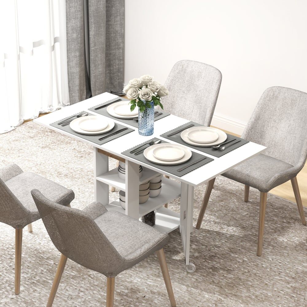 Homcom Table à manger pliante sur roulettes 2 à 4 personnes bois blanc Blanc 120x75x60cm
