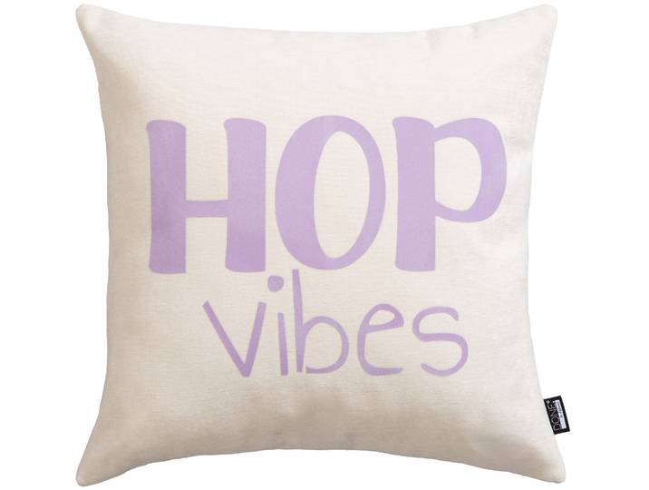 Dekokissen DONE. HOB VIBES , beige, lavender, schriftzug bedruckt, B:45cm L:45cm, Polyester, Dekokissen_Sitzkissen_Kissenhüllen, Dekokissen, Weicher Chenille-Stoff Kuschelige Beflockung