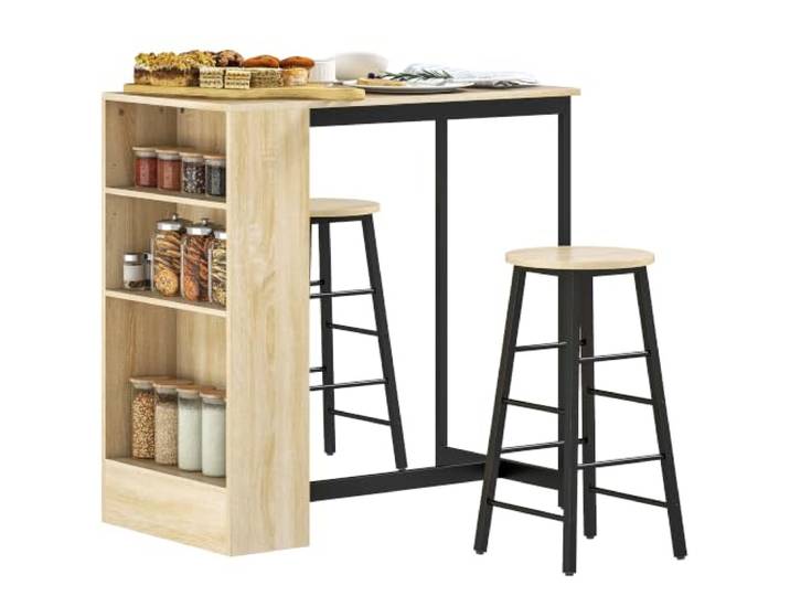 HOMCOM Bartisch Set Küchentresen mit 2 Barstühlen, Fußstütze, Eiche