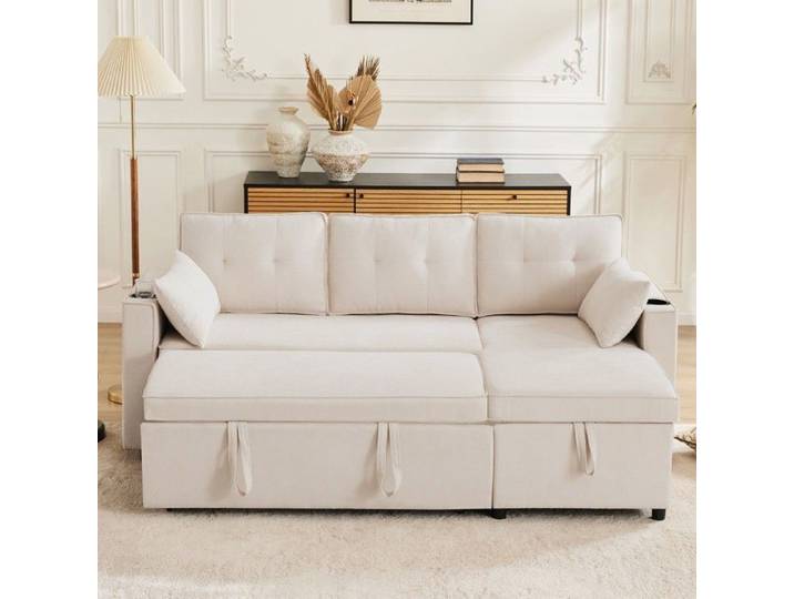 Canapé Convertible Beige Canapé-lit L Moderne-Rembourré Rangement Porte-gobelet-Convertible Gauche et Droite Design