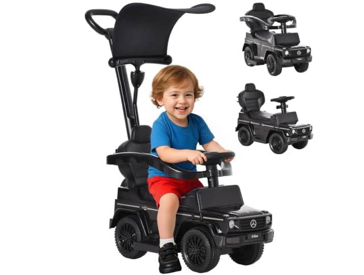 HOMCOM Porteur Enfants Voiture Enfant Multi-Équipée 12-36 Mois Noir Klaxon\, Marche-Pieds\, Garde-Corps\, Ombrelle