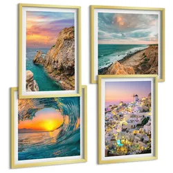 BILDER SET 4er Set - 50x50 cm & 40x60 cm Goldrahmen - Meereswellen, weiße Häuser, Santorini
