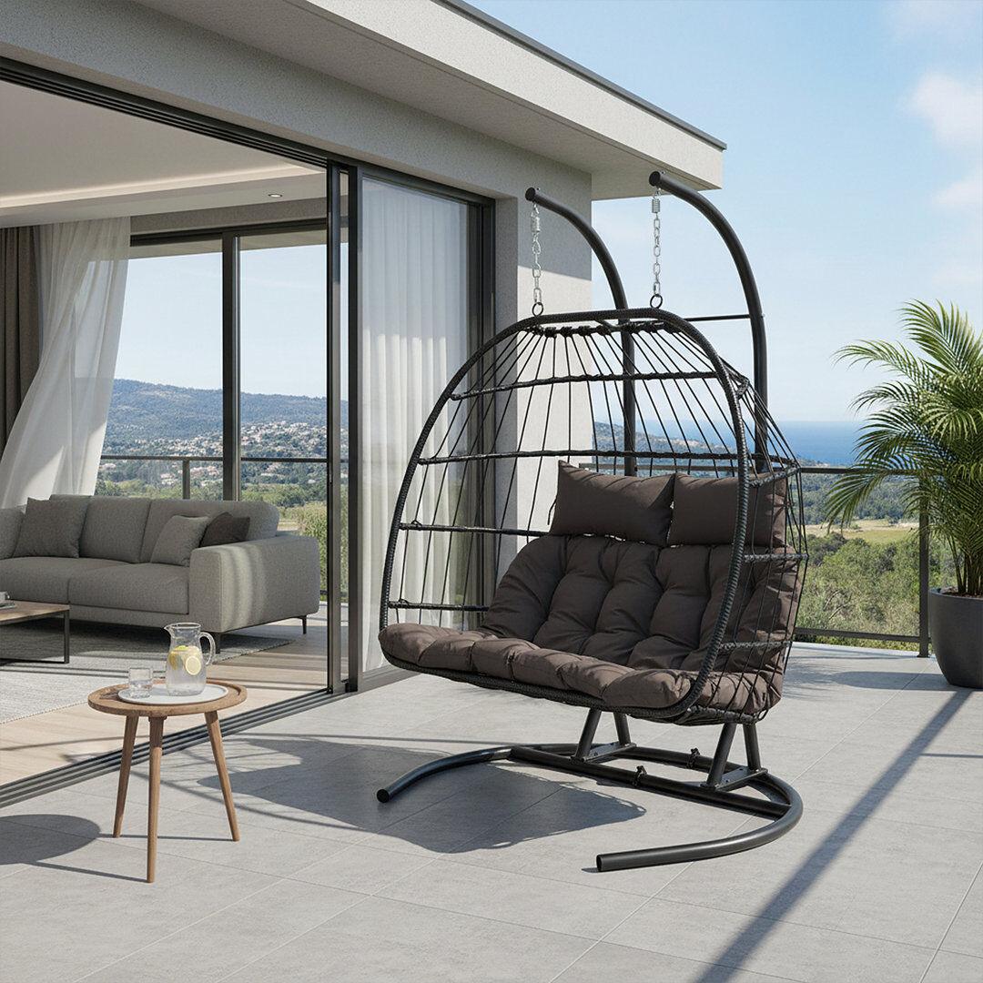 Bloomsbury Market 2-Seater Swing Hanging Egg Chair with Metal Stand Black 129cm 61cm
