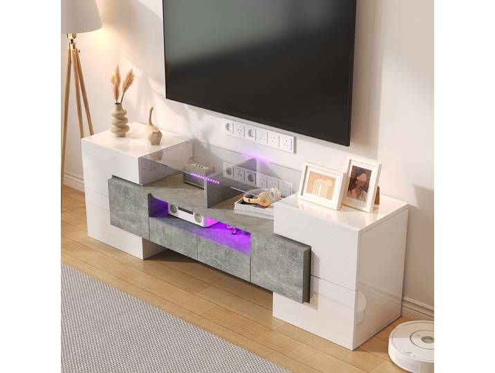 Meuble TV meuble bas brillant éclairage LED - SWEIKO - Blanc
