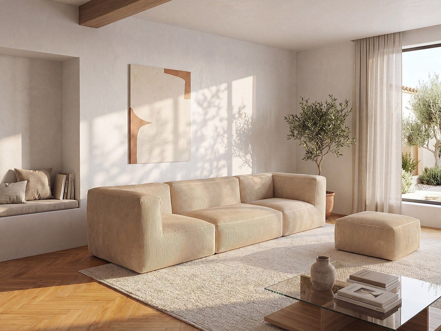 Vente-unique Sofa mit Hocker - beliebig kombinierbar - Cord - Beige - NOUMARA