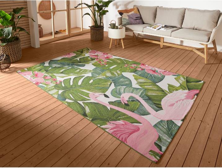Outdoorteppich HANSE HOME Tropical Flamingo , bunt, B:200cm H:3mm L:285cm, Polyester, Polypropylen (PP), Teppiche, Outdoorteppich, In-& Outdoor, Teppich, Wetterfest, Balkon, Garten, Wohnzimmer, Floral
