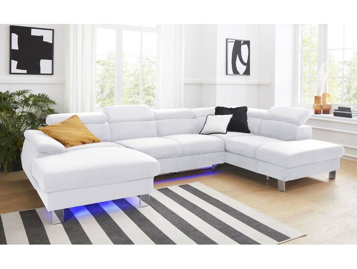 Wohnlandschaft, Microfaser PRIMABELLE, Weiß, 320×320 cm, Mit Bettfunktion & LED-Beleuchtung, Cotta