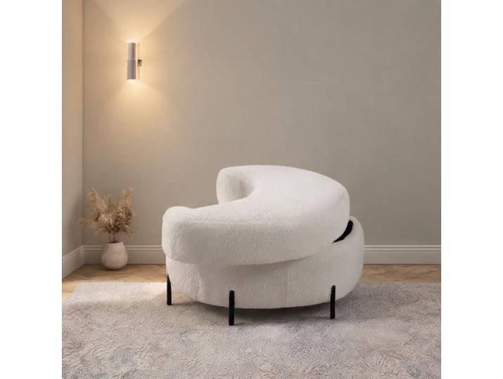 Pouf demi-lune en sherpa lin beige avec plateau et rangement caché 86 x 47 5 cm