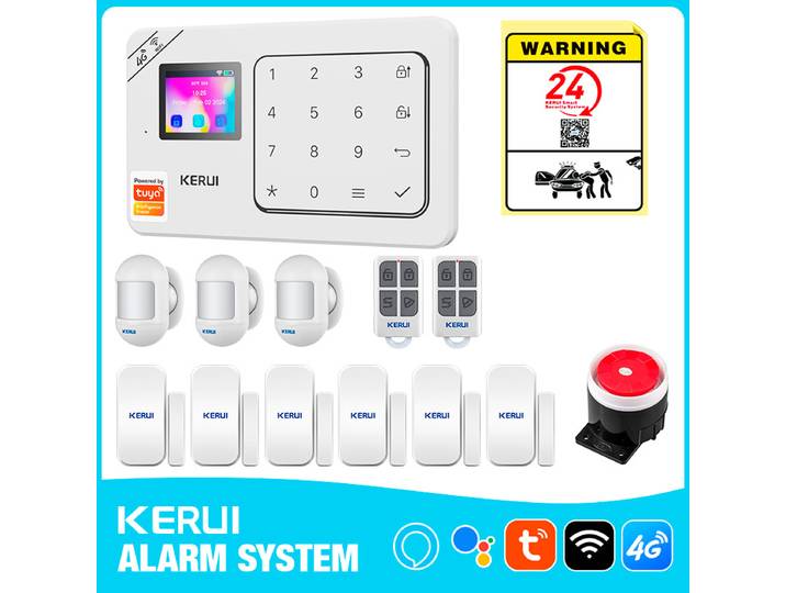 Système d'alarme domestique KERUI WiFi+4G sans fil W184, système d'alarme antivol, capteurs PIR 433MHZ, Tuya Smart Life, protection de sécurité, Alexa