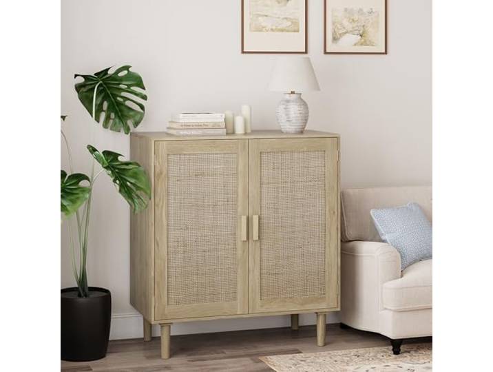 Switdo Natürlicher Ratto Aufständerungsschrank Mit Ablage Für Zimmer Zweitüriger Rattan-Schrank mit 80 cm Breite und MDF-Platten