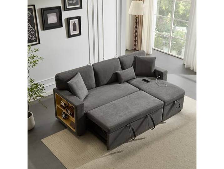 Merax Ecksofa, Sofa mit Schlaffunktion, Schlafsofa mit Bettkasten, USB, Seitentaschen und integriertem Regal, Schlafsessel mit Bettfunktion, Ausziehbar L-Form Sofa für Wohnzimmer Schlafzimmer, Grau