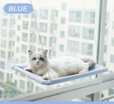 Uplift Essentials Sunny Window Mounted Cat Hammock Heavy Duty Aerial Hanging Window Seat For Indoor Kittens & Cats blue