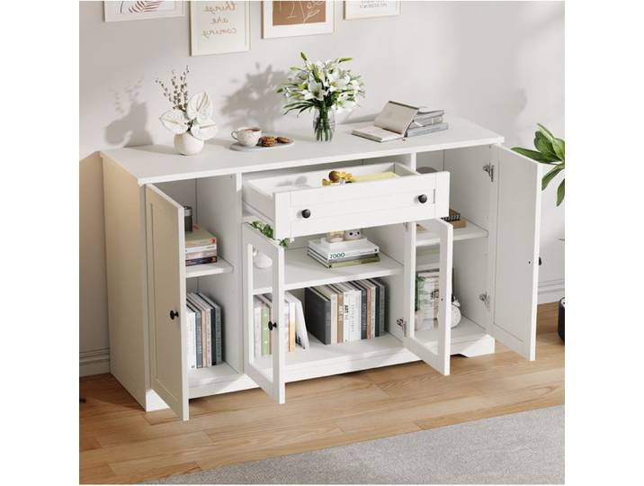Buffet blanc moderne 4 portes 1 tiroir avec 2 portes vitrées - LPOSPI - étagères réglables MDF 138 × 40 × 83 cm