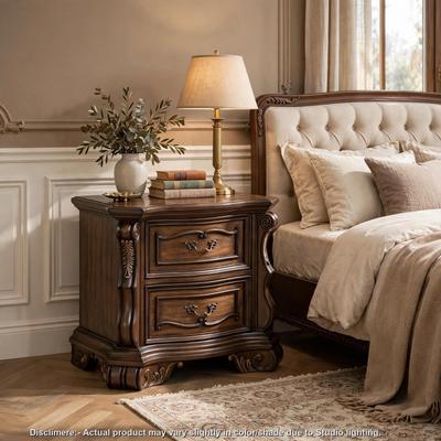 Benjara Nightstand, 2 Drawers, Traditional Carving, Gold Accents, Dark Brown
