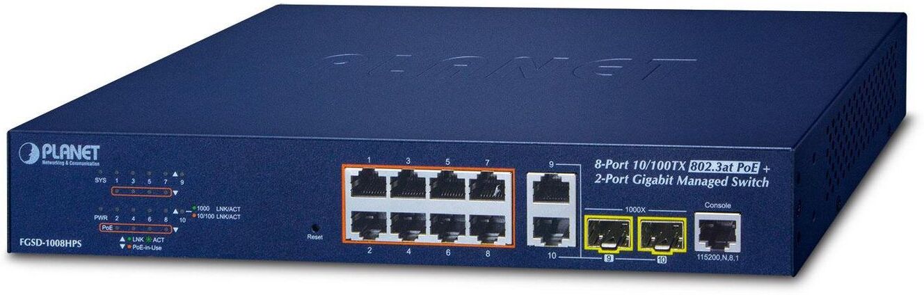 PLANET FGSD-1008HPS 8-Port 10/100TX 802.3at PoE + 2-Port Gigabit TP/SFP Combo Managed Ethernet Switch (120W)
